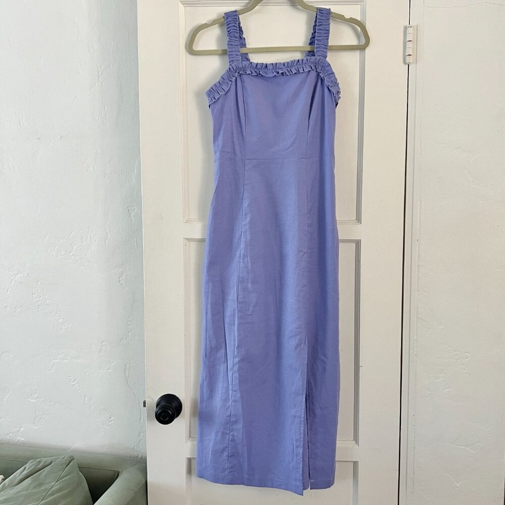 Urban Outfitters Periwinkle Midi Shift Dress Square Neck Ruffle Strap Slit XS